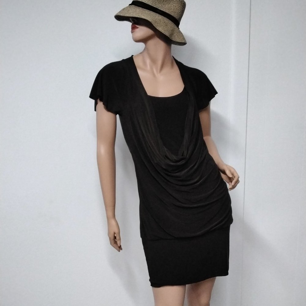 TEMPTED size L USA Brown Cascade DRAPE FRONT Waterfall tunic Stretchy DRESS 001